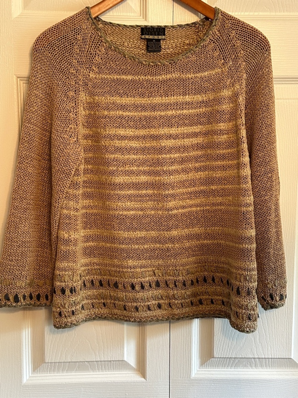 Sigrid  Olsen Women's Scoop Neck Sweater in Taupe and Cream Stripes